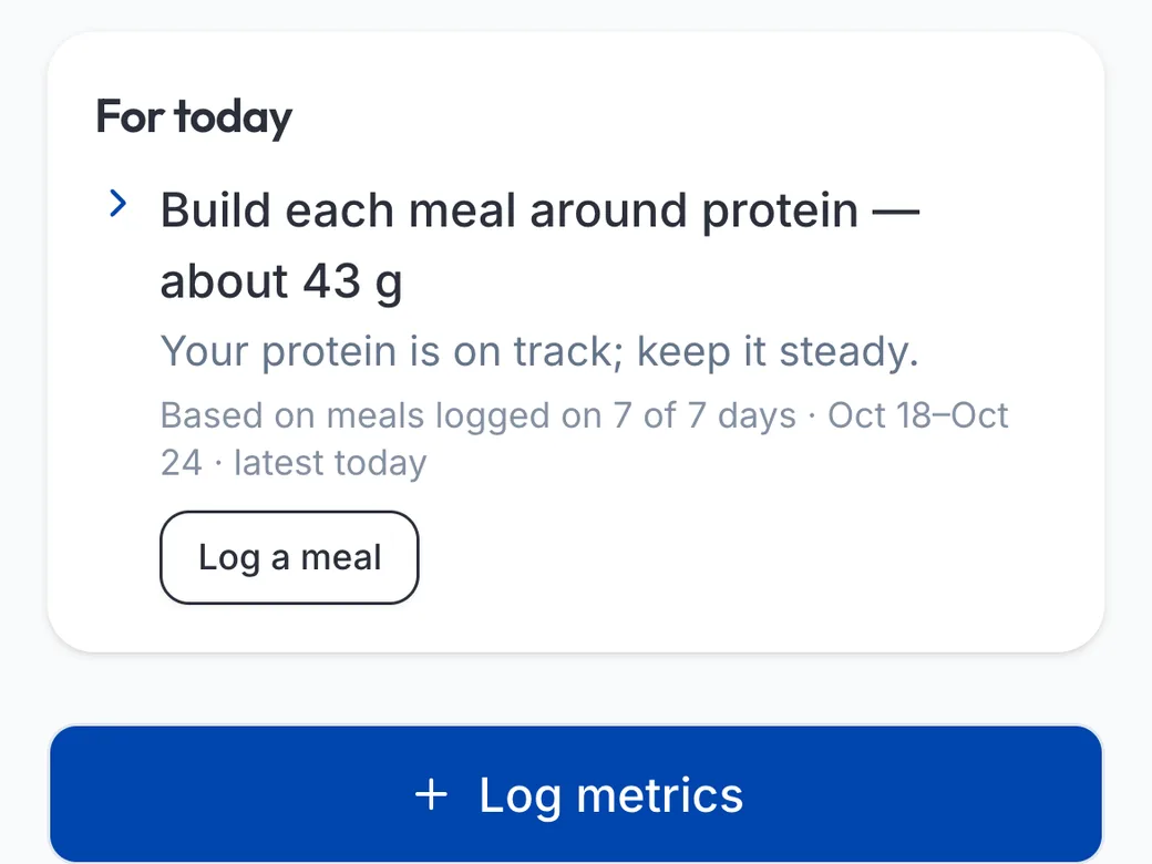 Daily guidance in the app: build each meal around about 43 grams of protein, based on the past week of logged meals